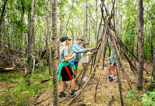 Group of campers learning how to built a wilderness shelter out of sticks v2